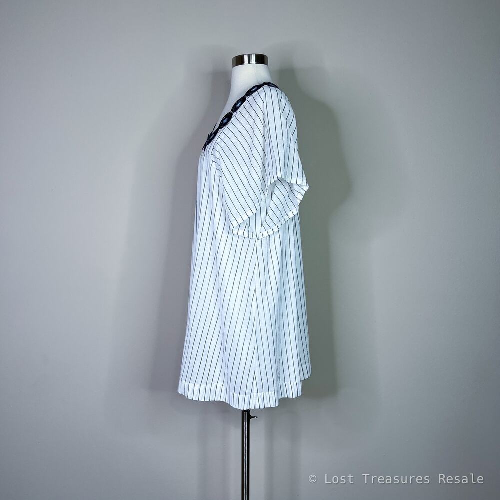 Madewell | White Navy Stripe Embroidered Flutter Sleeve Shift Cotton Dress Small - Picture 8 of 10